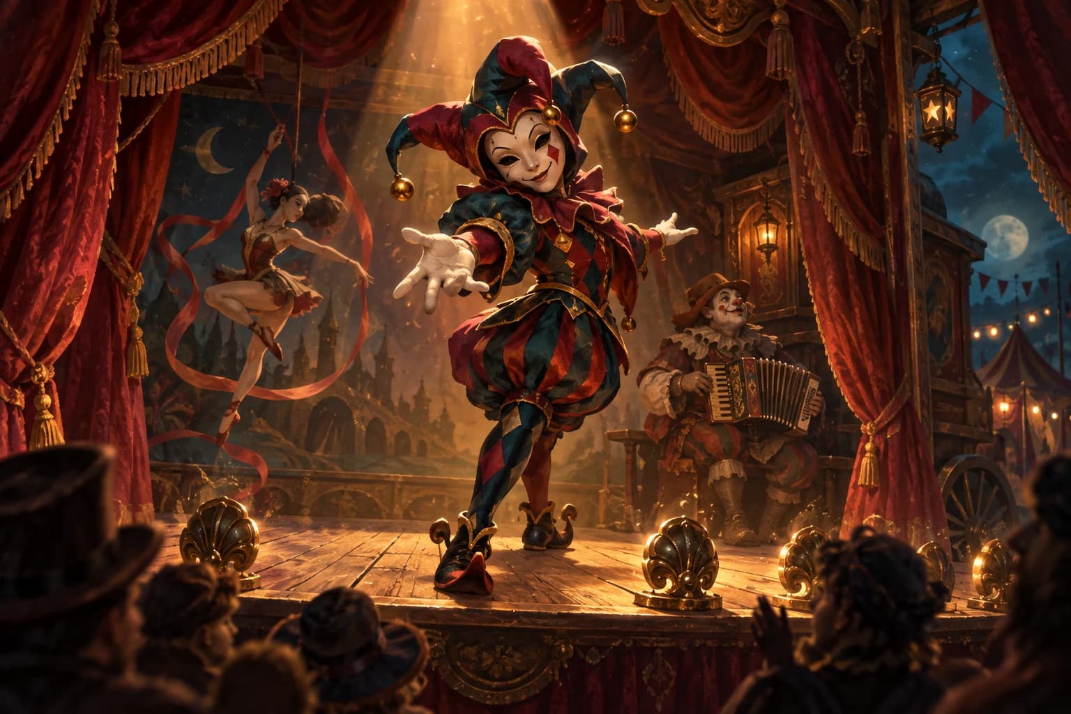 A playful puppet troupe performing beneath a golden spotlight